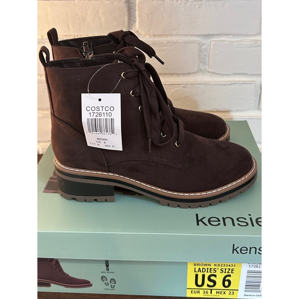NWT Kensie Kasha Brown Faux Suede Padded Footbed Lug Sole Ankle Boots Womens 6